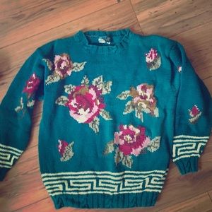 Vintage floral rose Greek key aqua teal sweater M